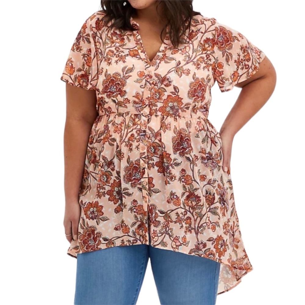 Torrid Babydoll‎ Tunic Top 1X Boho Floral Chiffon Hi Low Flowy Plus Size